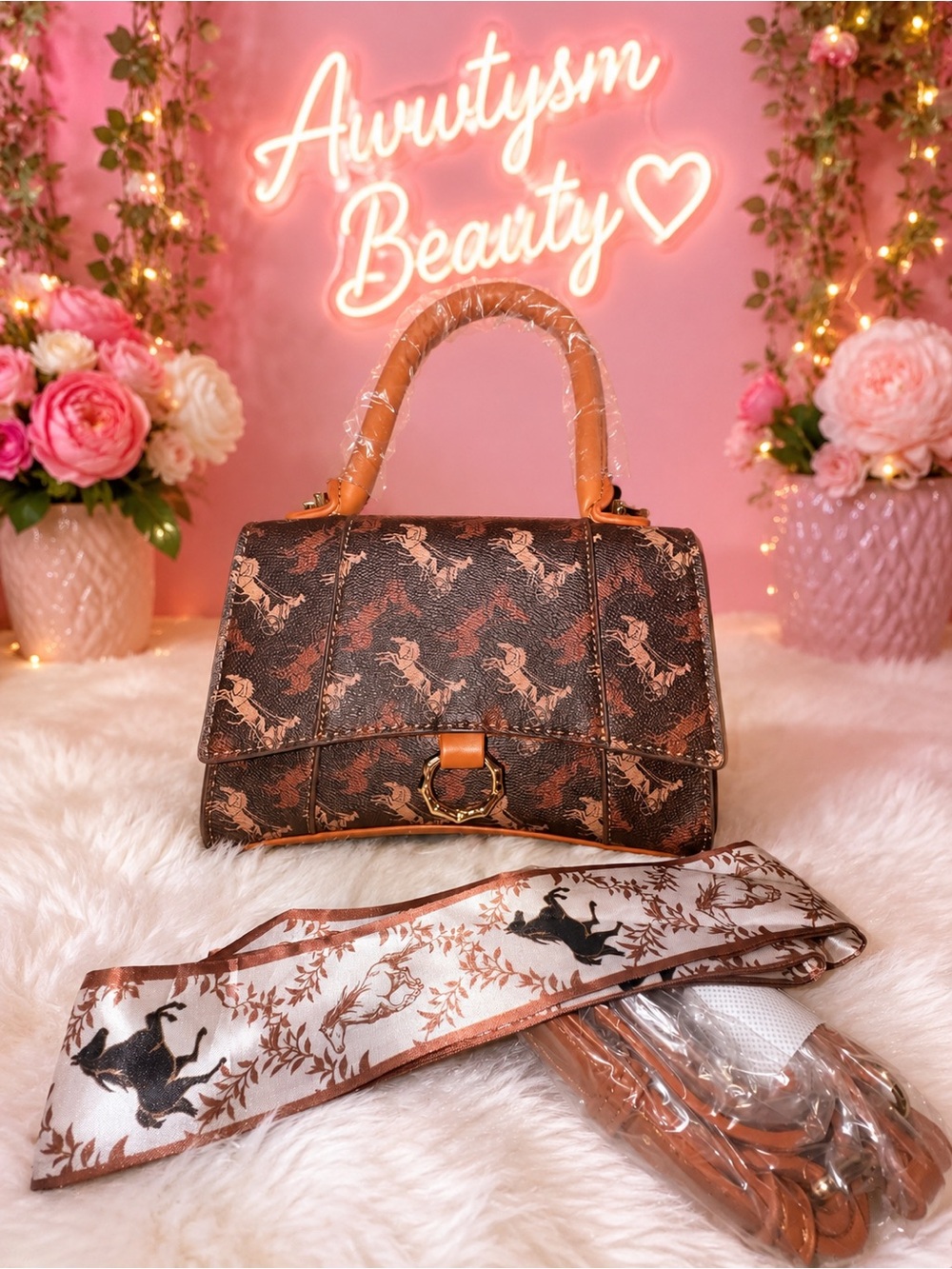 NWT- Brown Monogram Flap Satchel Handbag | Equestrian-Inspired Print